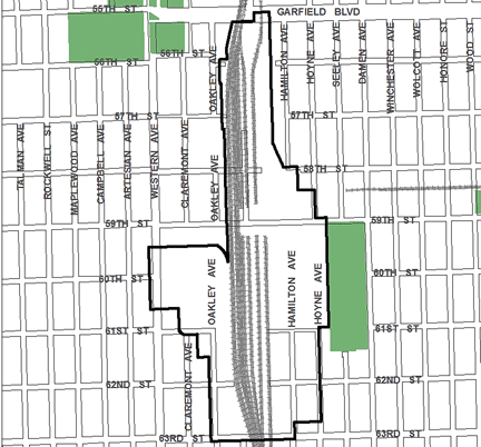60th/Western TIF district, roughly bounded on the north by Garfield Boulevard, 63rd Street on the south, Seeley Avenue on the east, and Western Avenue on the west.